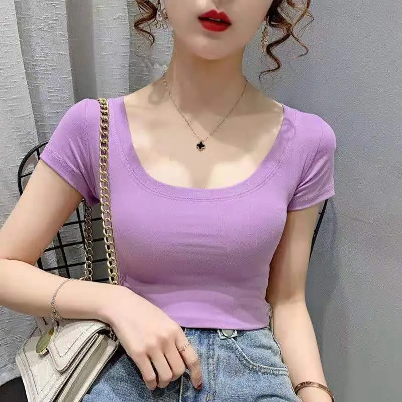 Women Purple Low Neck Slim T-Shirt Short Sleeve - Image 7