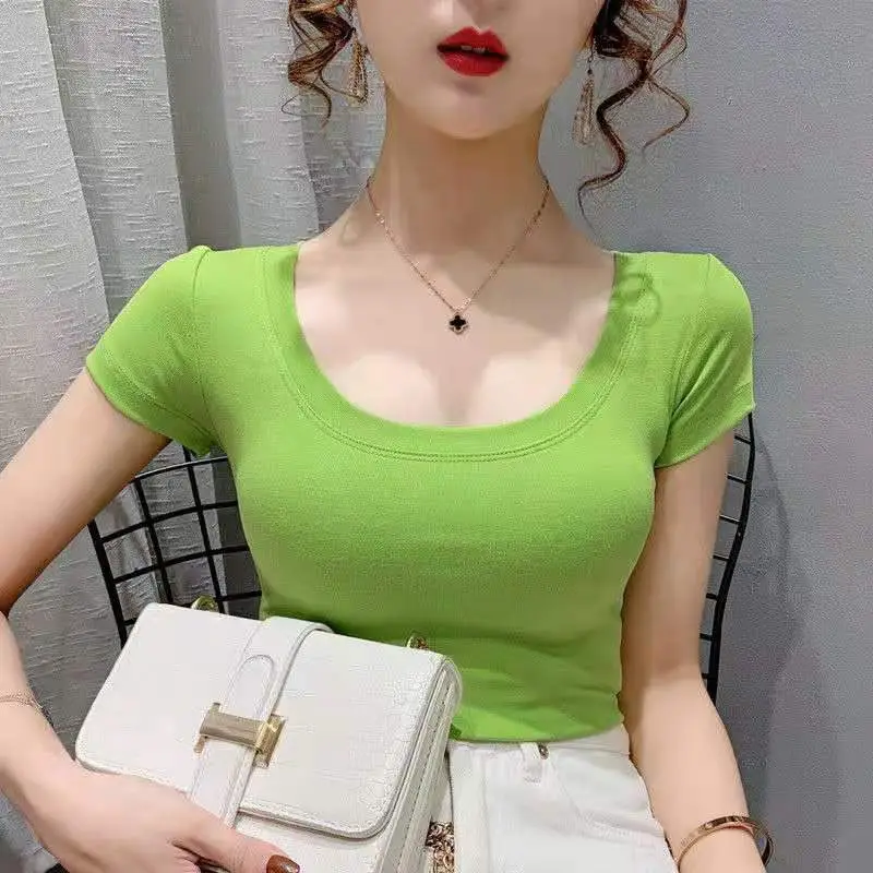 Women Purple Low Neck Slim T-Shirt Short Sleeve - Image 8