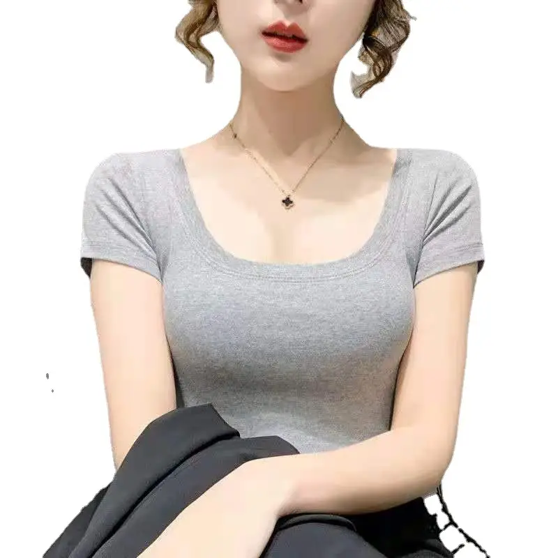 Women Purple Low Neck Slim T-Shirt Short Sleeve - Image 9