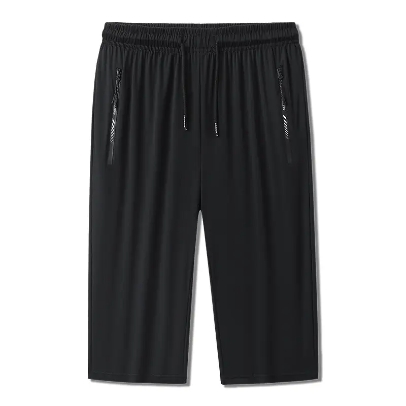 Men Black Warp Knit Cropped Sports Pants Medium