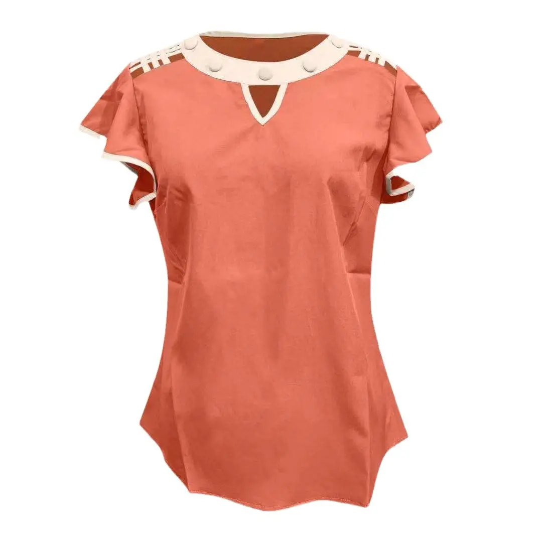 Factory European American AliExpress Chiffon T-Shirt V-Neck Button Lotus Sleeve Waist Knitted - Image 5