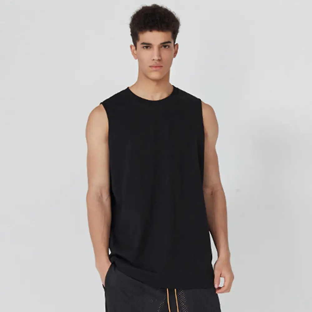Men Sleeveless Cotton T-Shirt Black Light Blue - Image 7