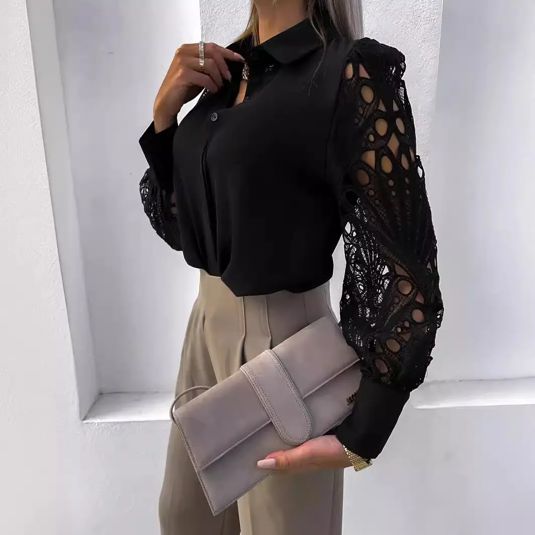 Women White Lace Collar Shirt with Long Sleeves - Image 4