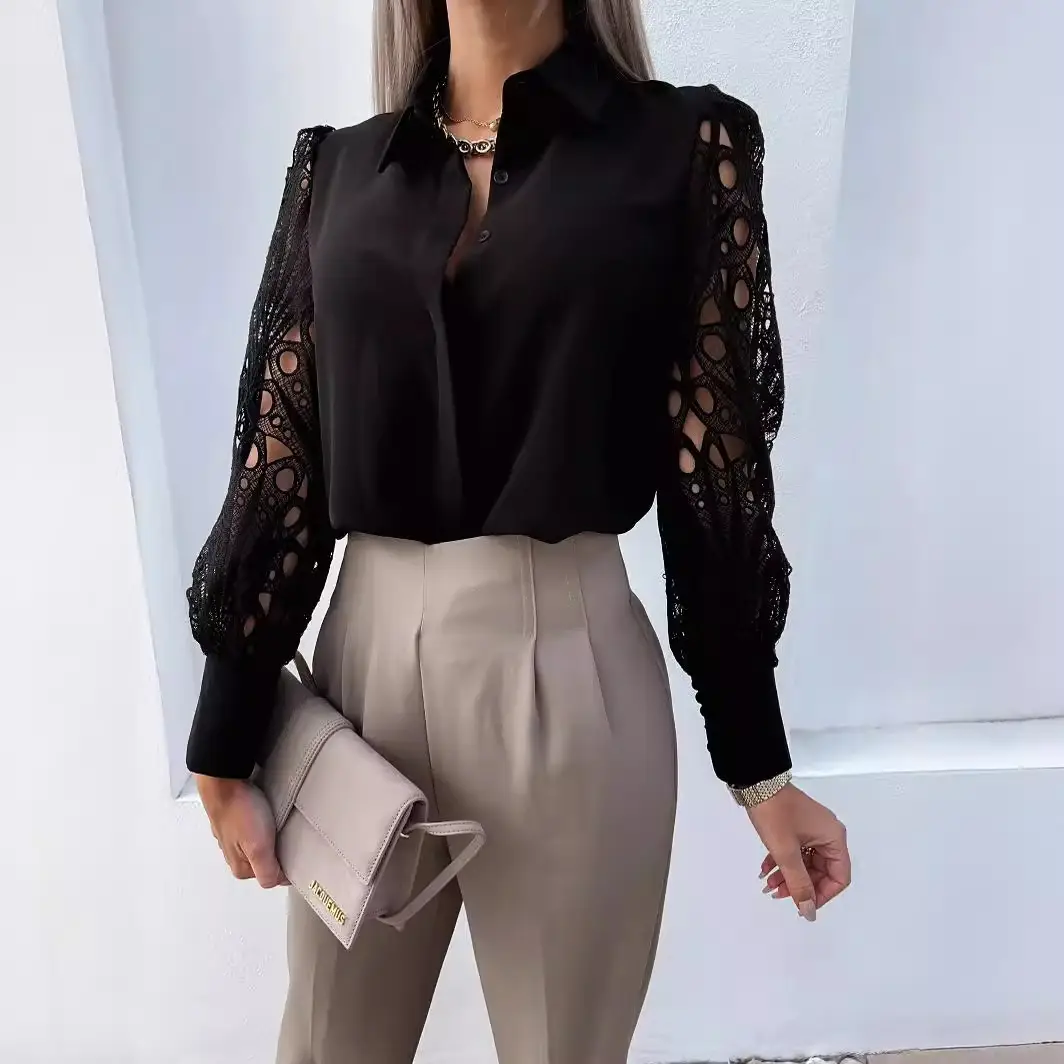Women White Lace Collar Shirt with Long Sleeves - Image 5