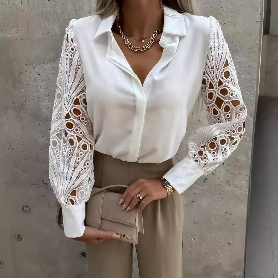Women White Lace Collar Shirt with Long Sleeves - Image 6