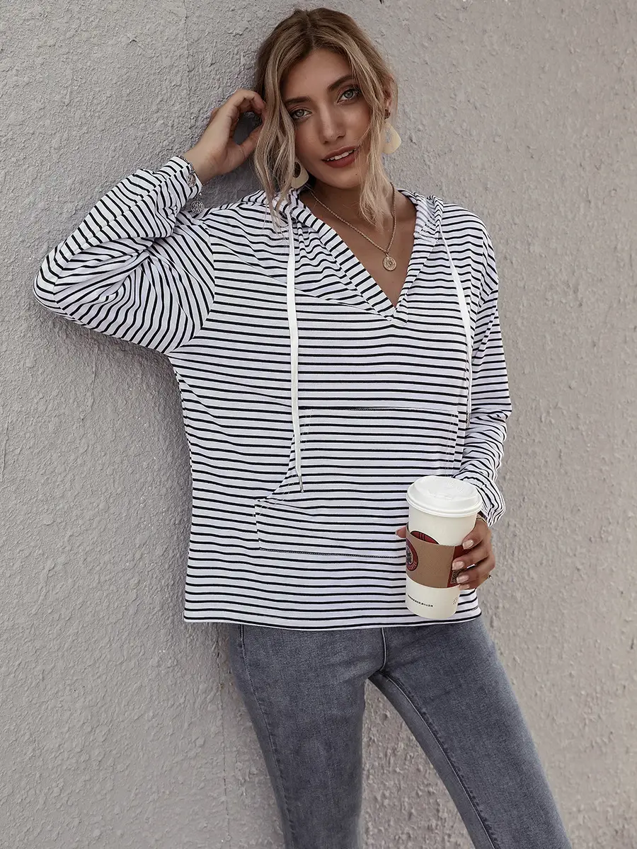 Women Striped Hoodie V-Neck Cotton Pajama Set - Image 3