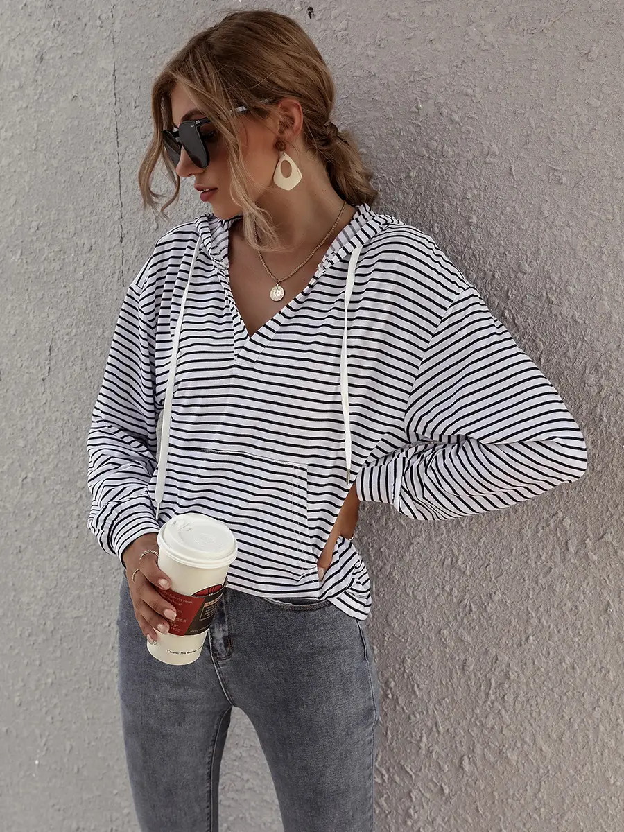 Women Striped Hoodie V-Neck Cotton Pajama Set - Image 4