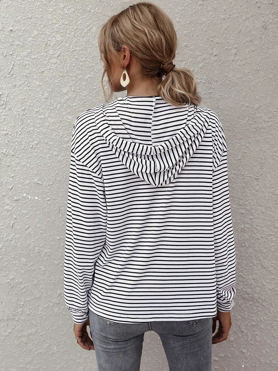 Women Striped Hoodie V-Neck Cotton Pajama Set - Image 6