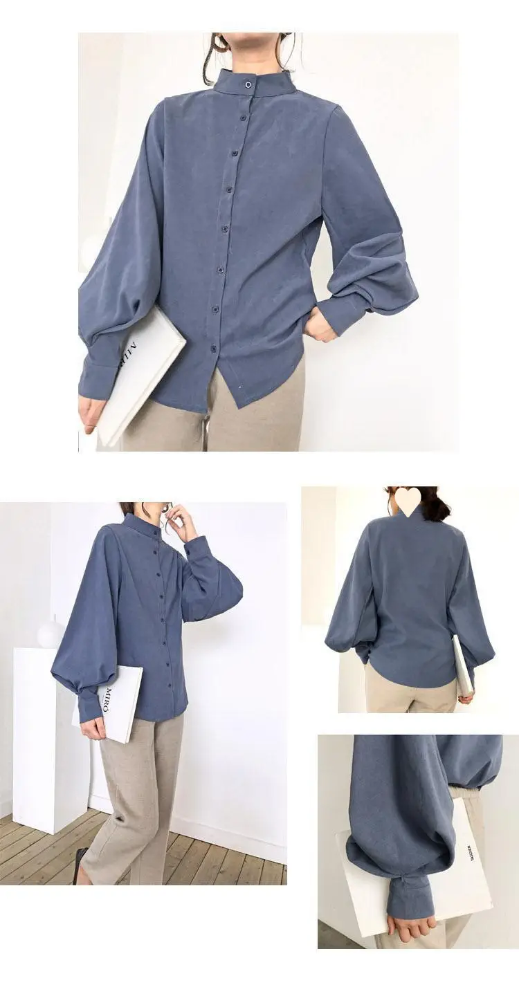 Black Button Collar Shirt with Lantern Sleeves for Women — feature 11
