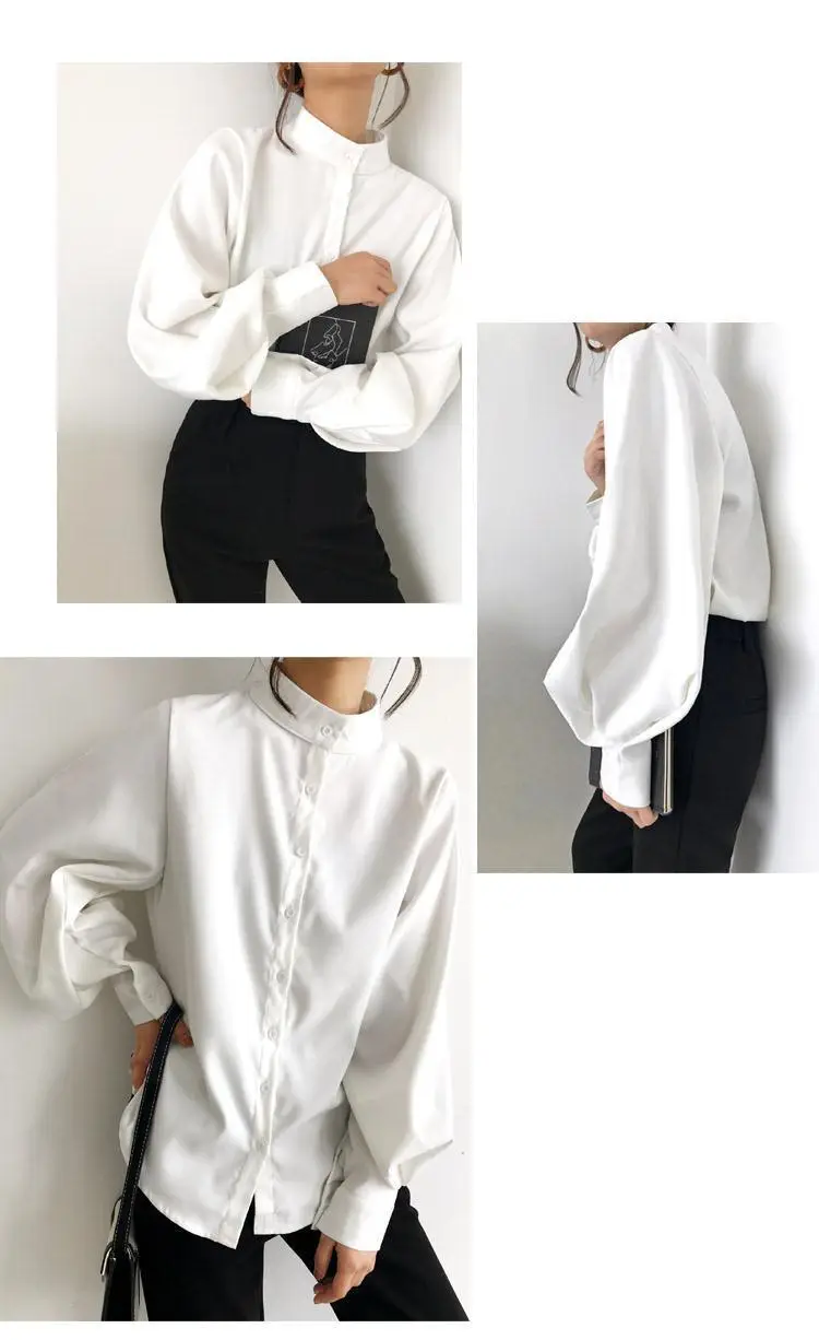 Black Button Collar Shirt with Lantern Sleeves for Women — feature 16