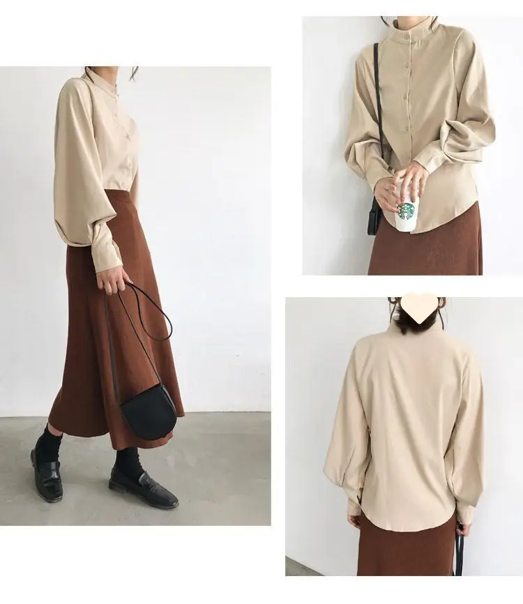 Black Button Collar Shirt with Lantern Sleeves for Women — feature 20
