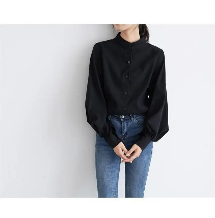 Black Button Collar Shirt with Lantern Sleeves for Women — feature 4
