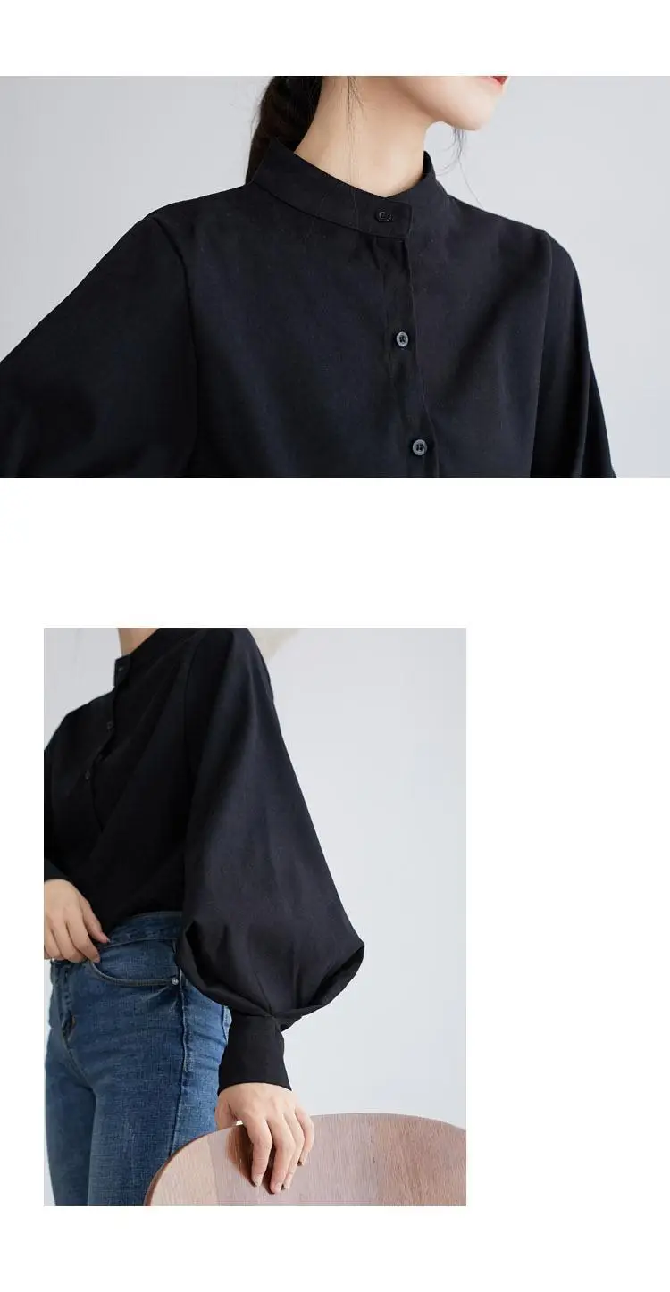 Black Button Collar Shirt with Lantern Sleeves for Women — feature 5