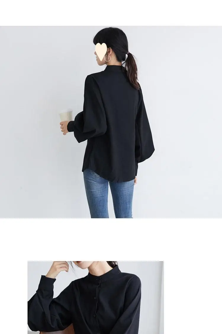 Black Button Collar Shirt with Lantern Sleeves for Women — feature 6