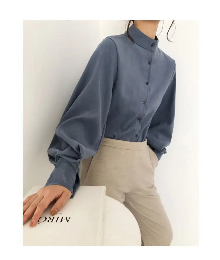 Black Button Collar Shirt with Lantern Sleeves for Women — feature 8