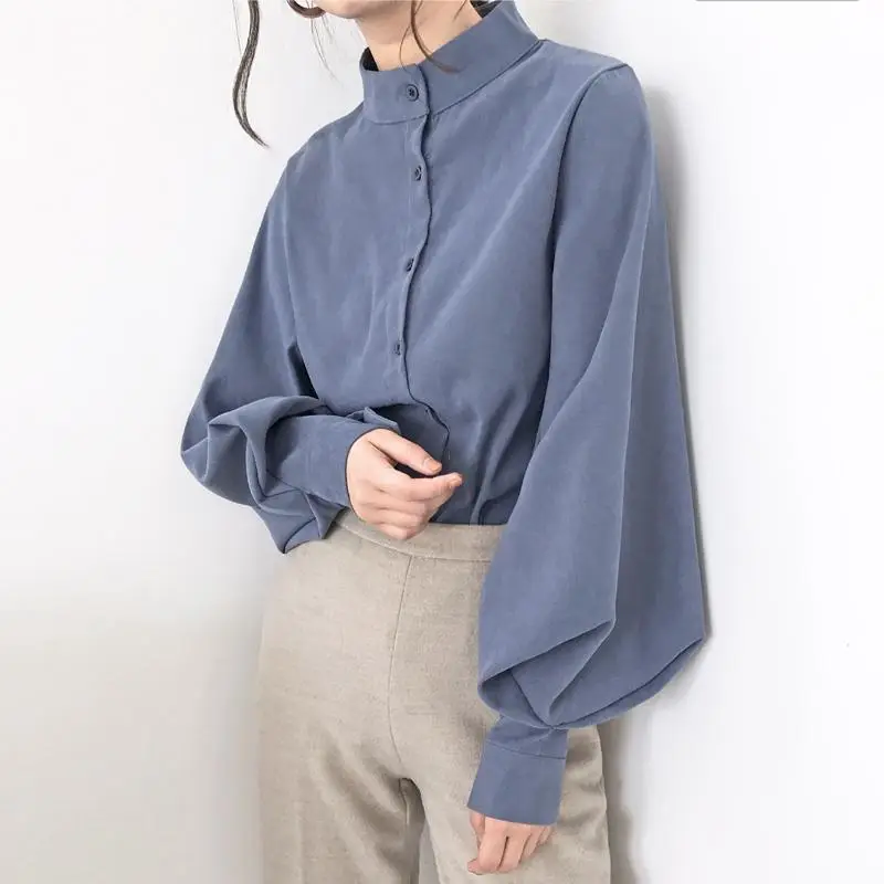 Black Button Collar Shirt with Lantern Sleeves for Women - Image 2