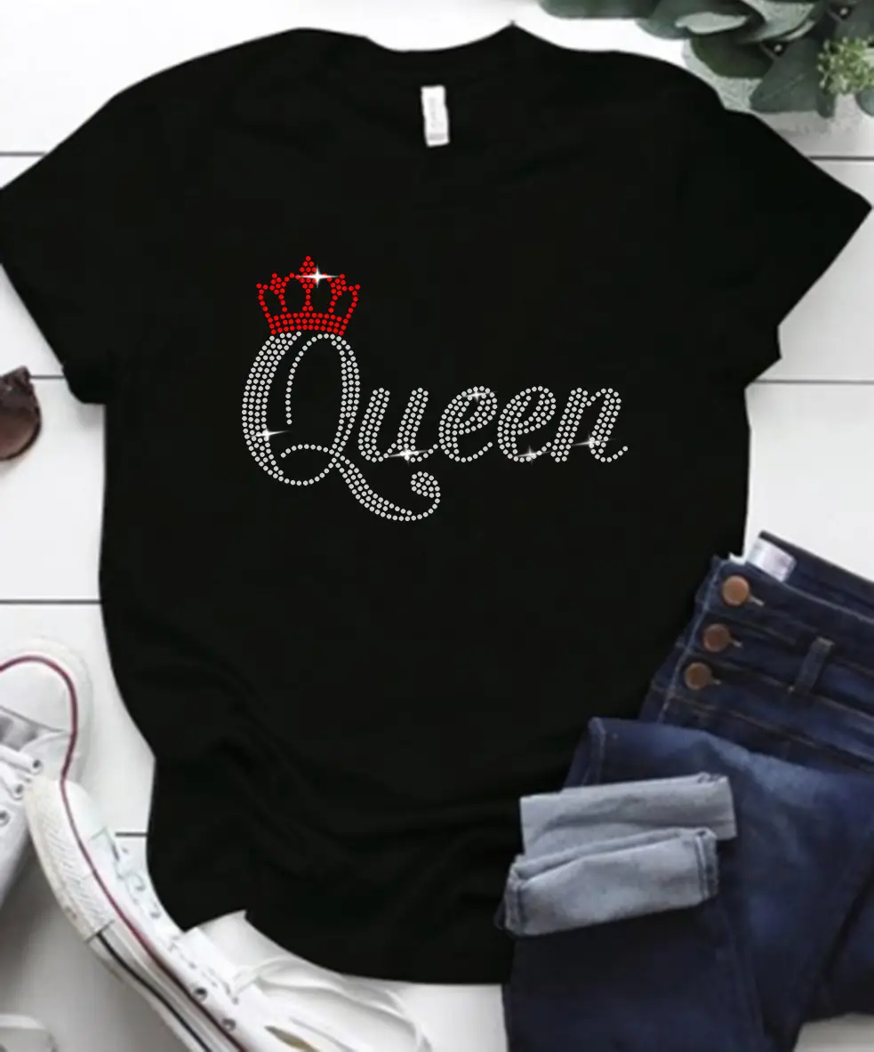 Black Rhinestone Crewneck T-Shirt with Crown Design - Image 3