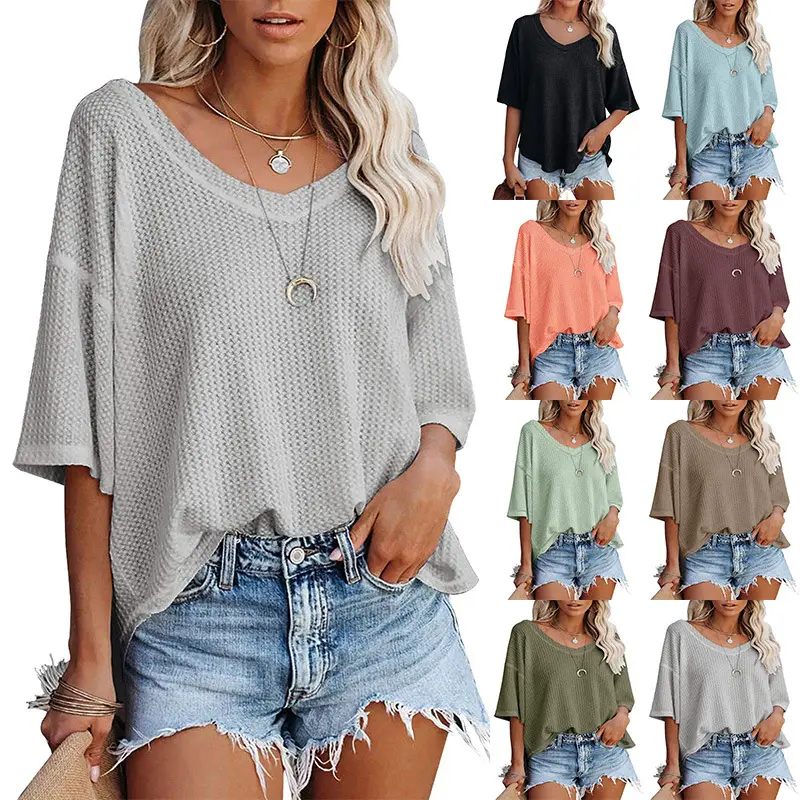 Women Waffle Knitted T-Shirt V Neck Bat Sleeve Light Grey