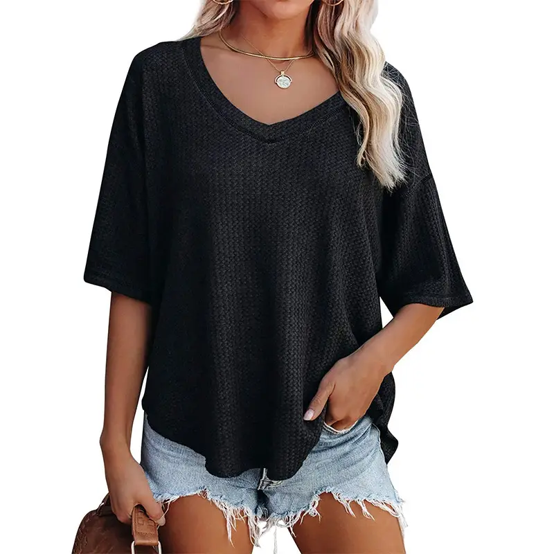 Women Waffle Knitted T-Shirt V Neck Bat Sleeve Light Grey