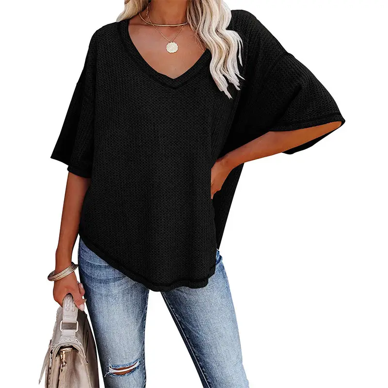 Women Waffle Knitted T-Shirt V Neck Bat Sleeve Light Grey