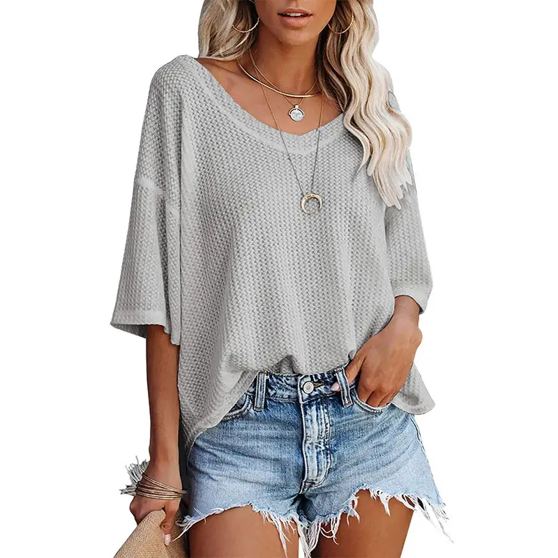 Women Waffle Knitted T-Shirt V Neck Bat Sleeve Light Grey