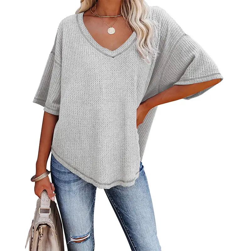 Women Waffle Knitted T-Shirt V Neck Bat Sleeve Light Grey