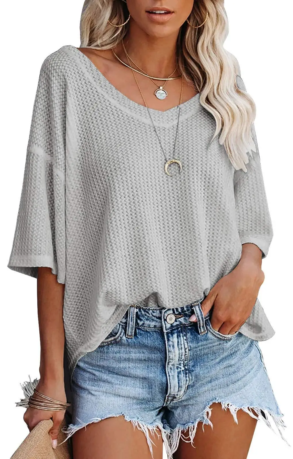 Women Waffle Knitted T-Shirt V Neck Bat Sleeve Light Grey