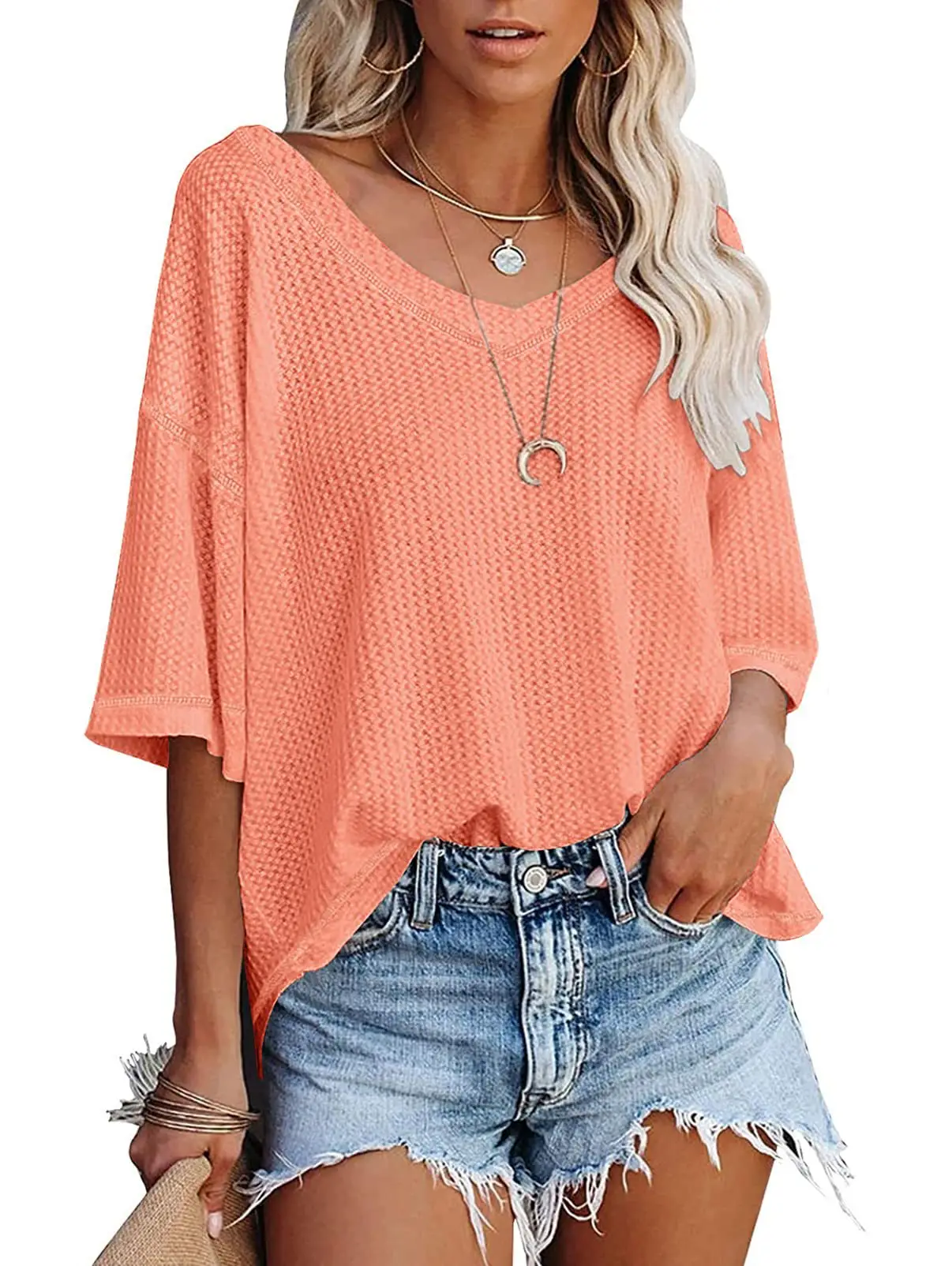 Women Waffle Knitted T-Shirt V Neck Bat Sleeve Light Grey