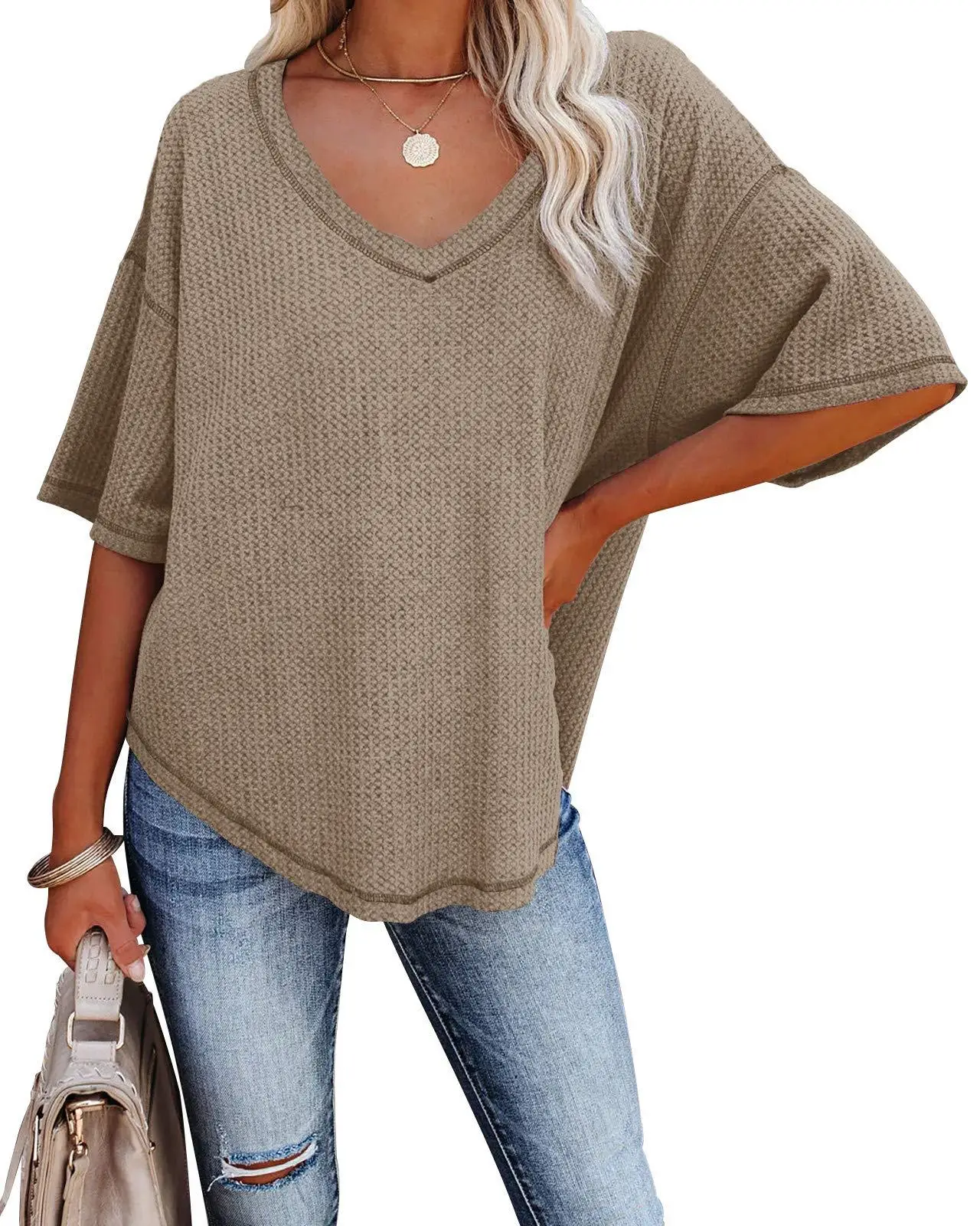 Women Waffle Knitted T-Shirt V Neck Bat Sleeve Light Grey