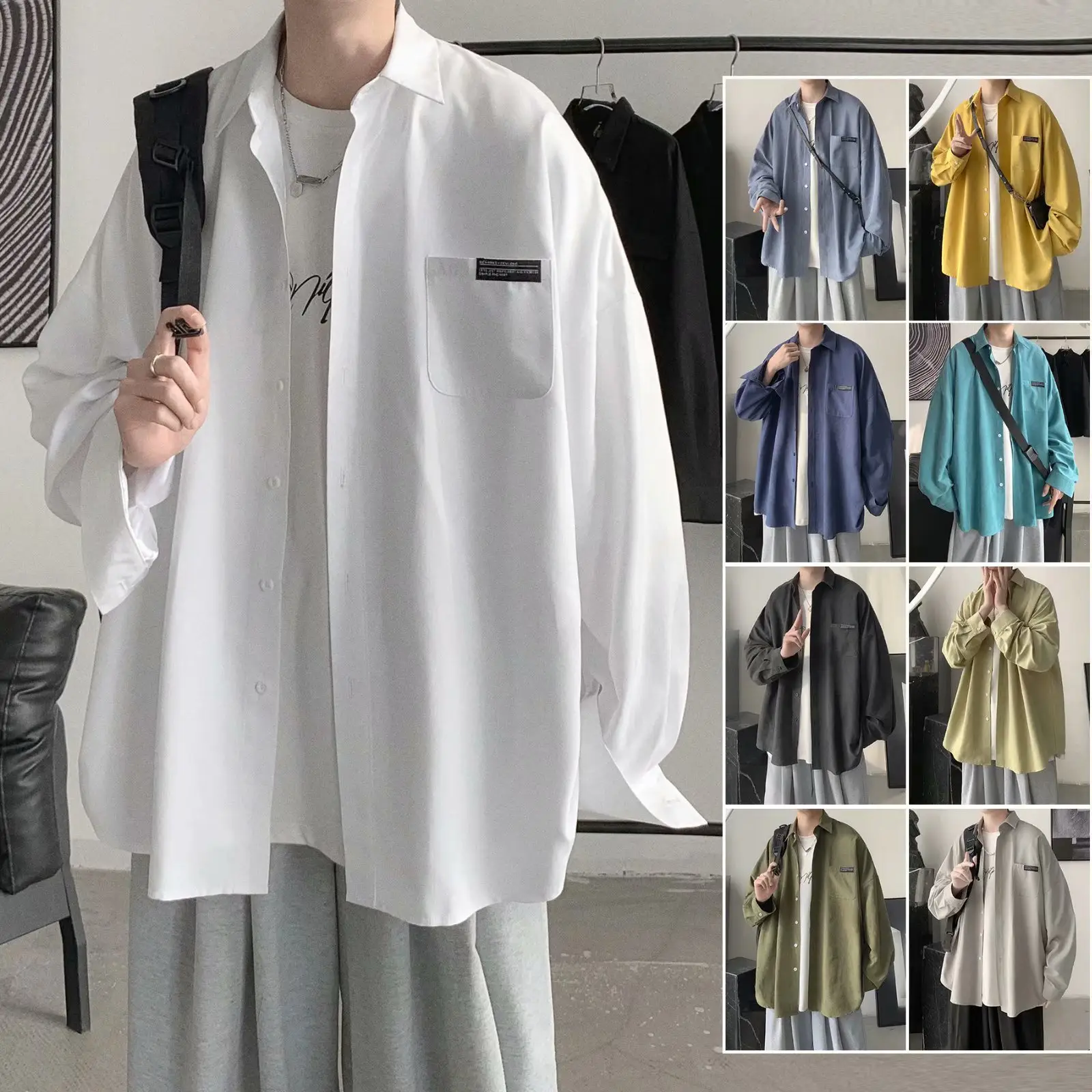 New Men's Long Sleeve Shirt Blue Korean Style - Image 8
