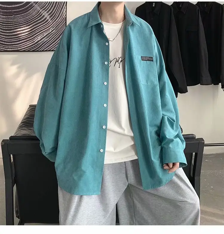 New Men's Long Sleeve Shirt Blue Korean Style - Image 9
