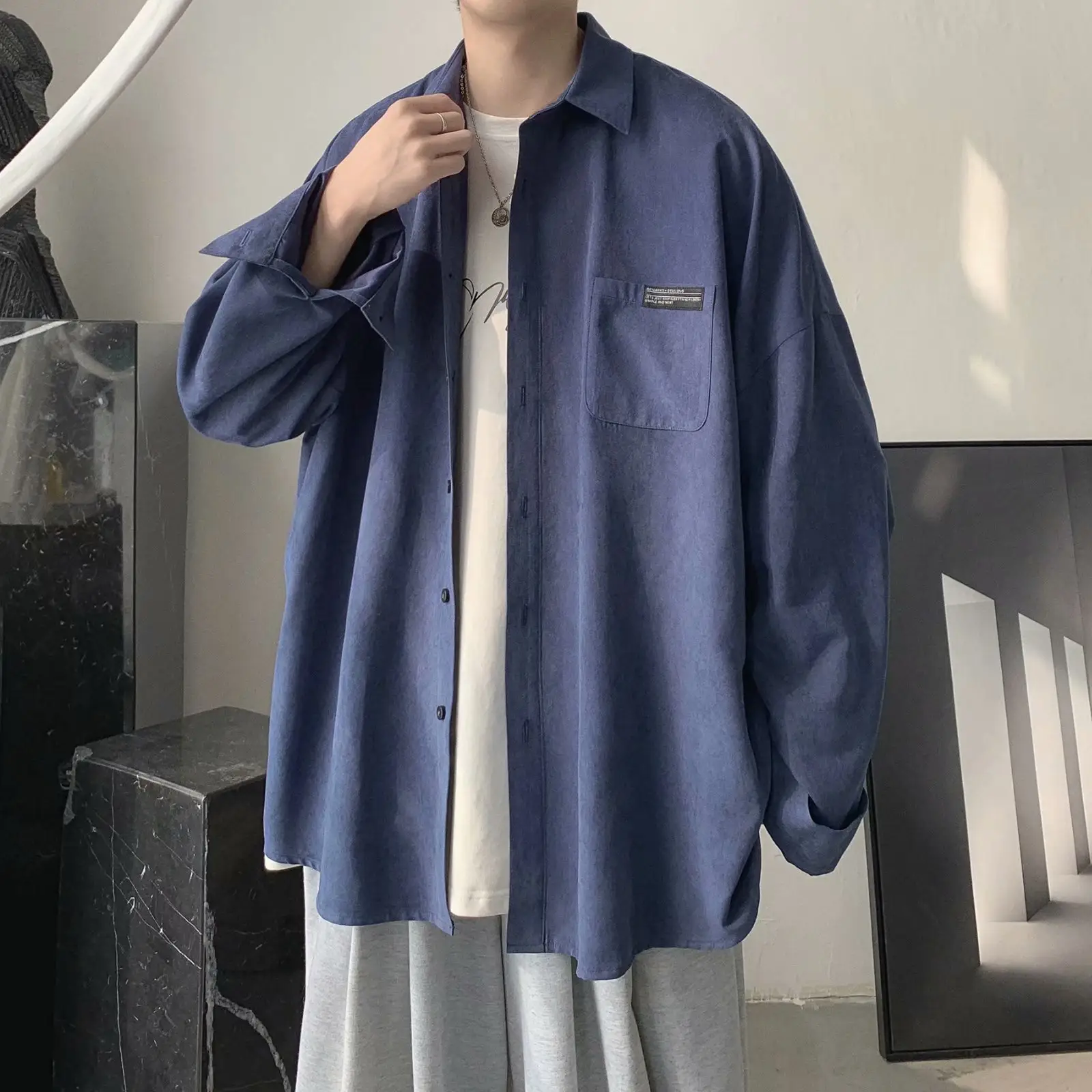 New Men's Long Sleeve Shirt Blue Korean Style - Image 10
