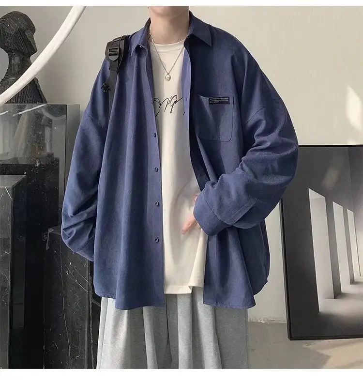New Men's Long Sleeve Shirt Blue Korean Style - Image 7