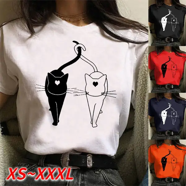 Women's Red Cat Print T-Shirt Short Sleeve - Image 6