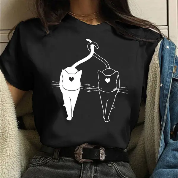 Women's Red Cat Print T-Shirt Short Sleeve - Image 7