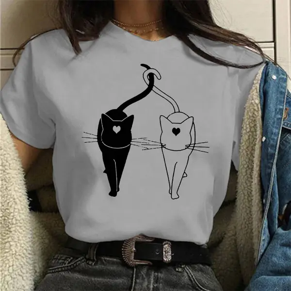 Women's Red Cat Print T-Shirt Short Sleeve - Image 8