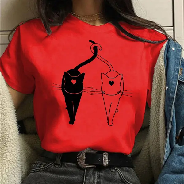 Women's Red Cat Print T-Shirt Short Sleeve - Image 9