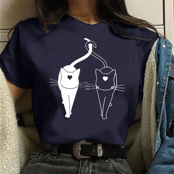 Women's Red Cat Print T-Shirt Short Sleeve - Image 10