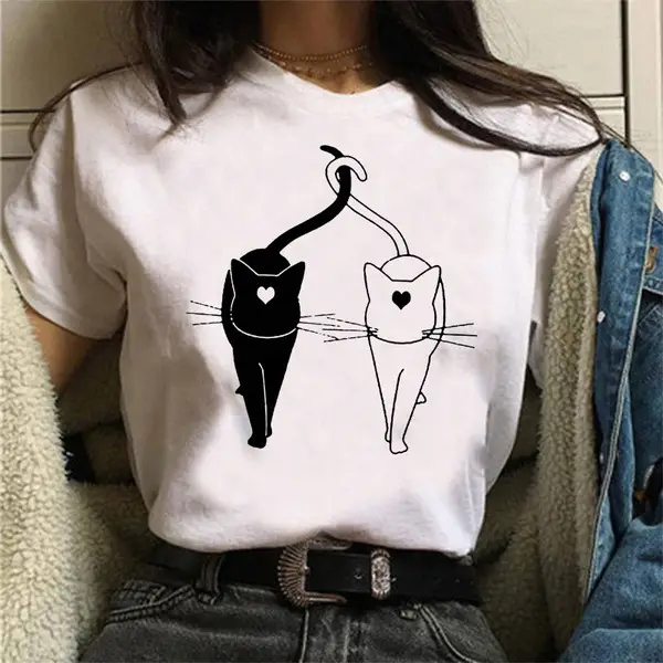 Women's Red Cat Print T-Shirt Short Sleeve - Image 4