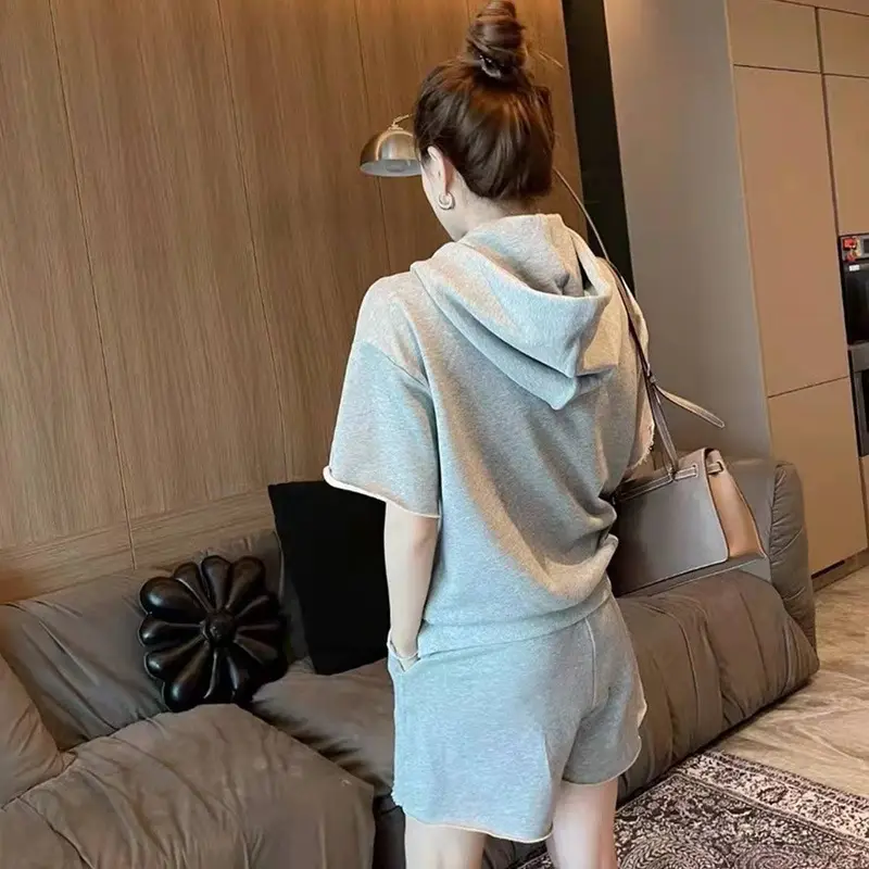Women Summer Hooded Shorts Set Grey Streetwear - Image 3