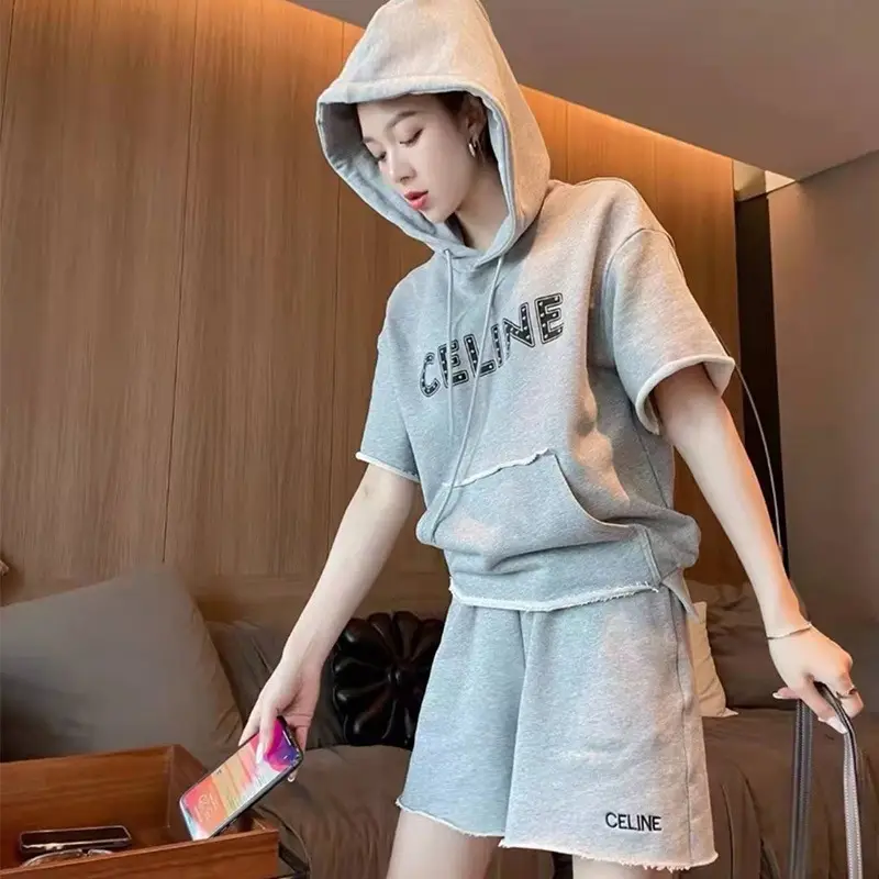Women Summer Hooded Shorts Set Grey Streetwear - Image 4