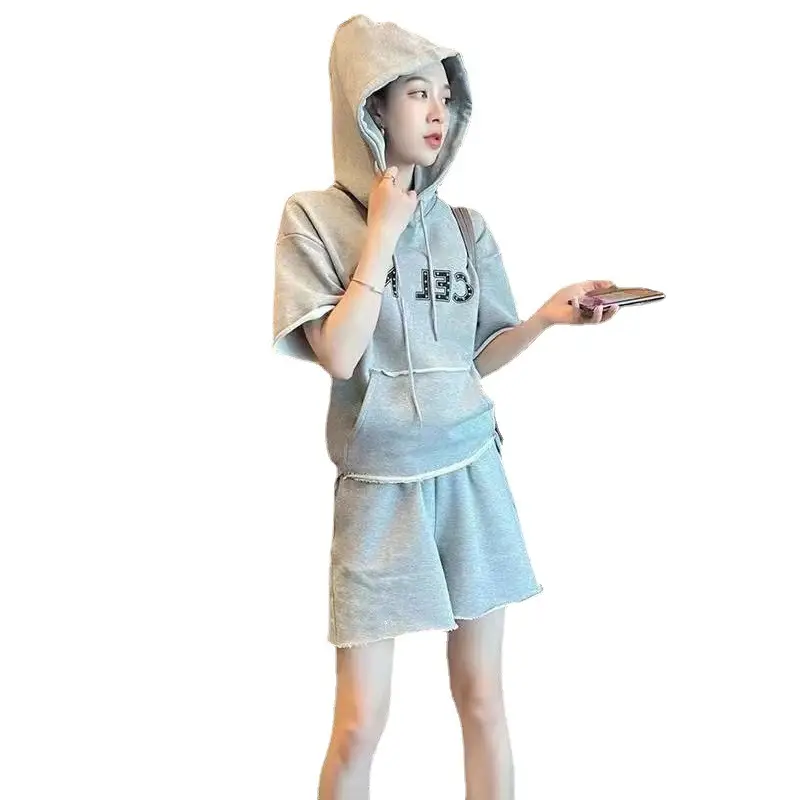 Women Summer Hooded Shorts Set Grey Streetwear - Image 6