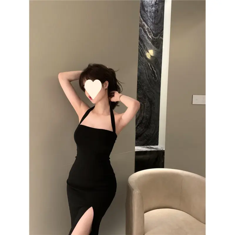 Black French Sling Dress Women Summer Hip Split Midi