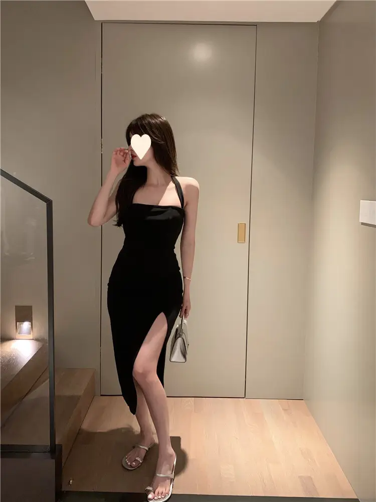 Black French Sling Dress Women Summer Hip Split Midi — feature 8