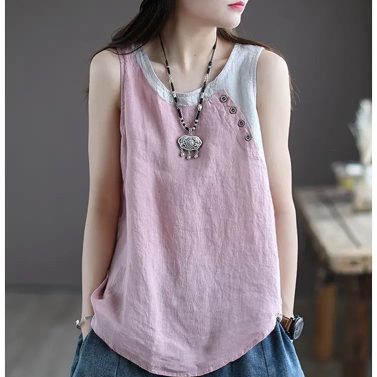 Women Cross-Border Cotton Linen Vest Green Button Decor - Image 6