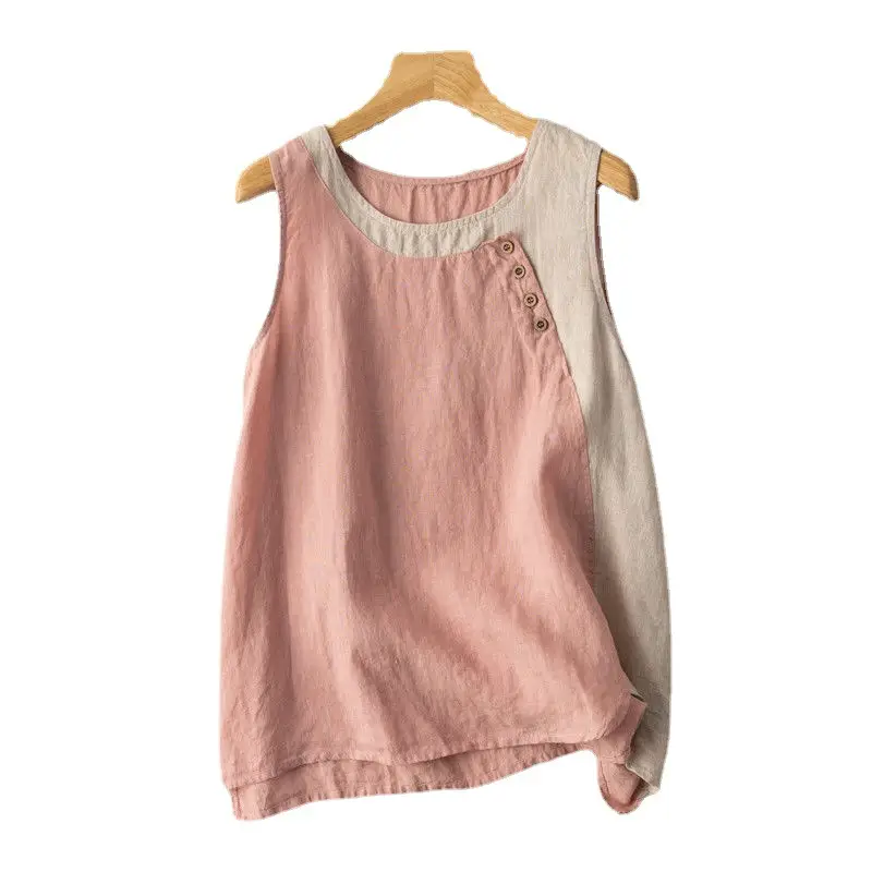 Women Cross-Border Cotton Linen Vest Green Button Decor - Image 9