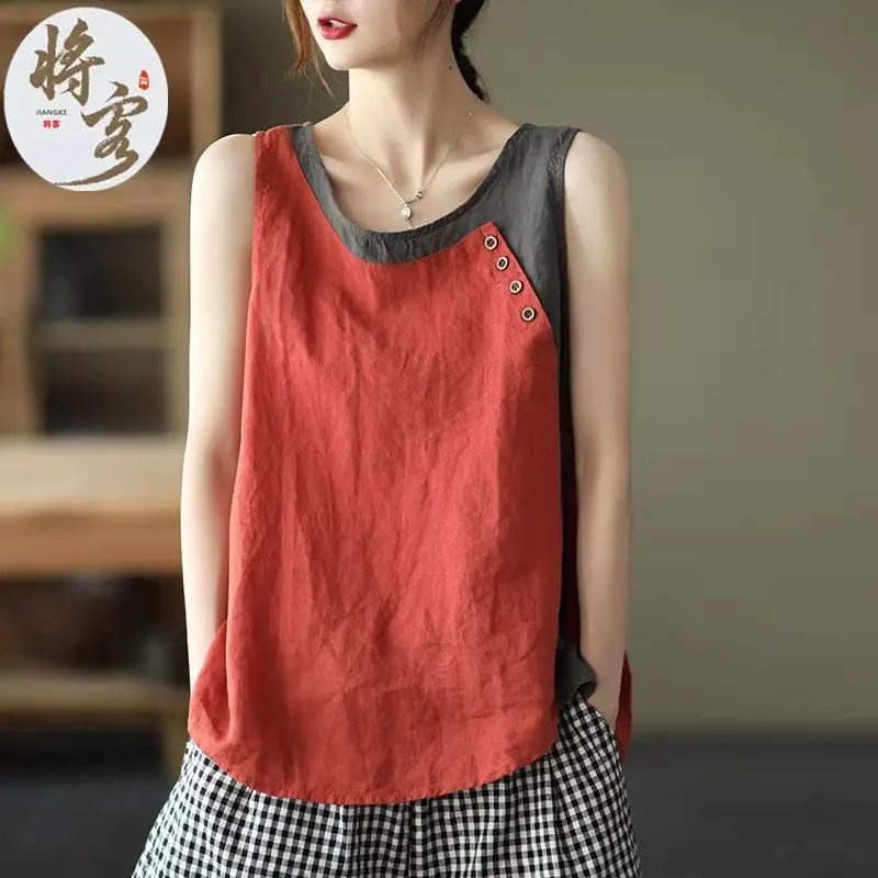 Women Cross-Border Cotton Linen Vest Green Button Decor - Image 2