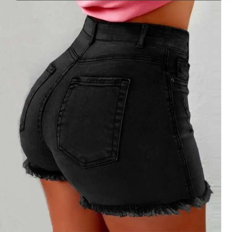 Women Denim Shorts Tassel Ripped Mid Waist Grey