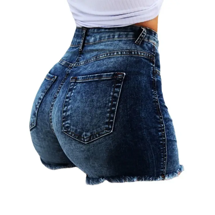 Women Denim Shorts Tassel Ripped Mid Waist Grey