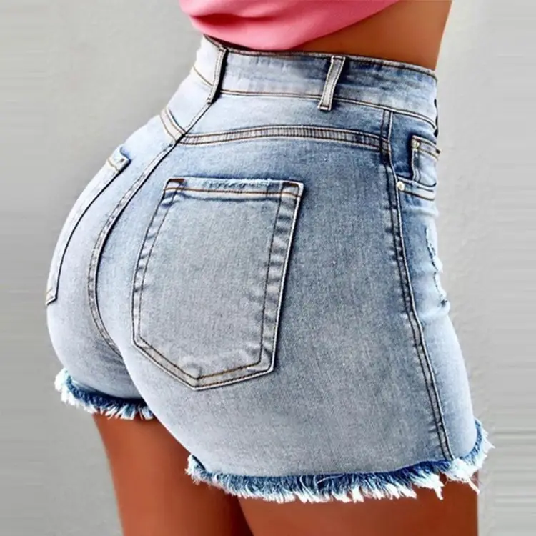 Women Denim Shorts Tassel Ripped Mid Waist Grey